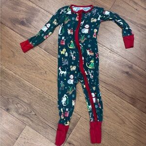 Little Sleepies Green Holiday Animal One-Piece Footie with Red Trim